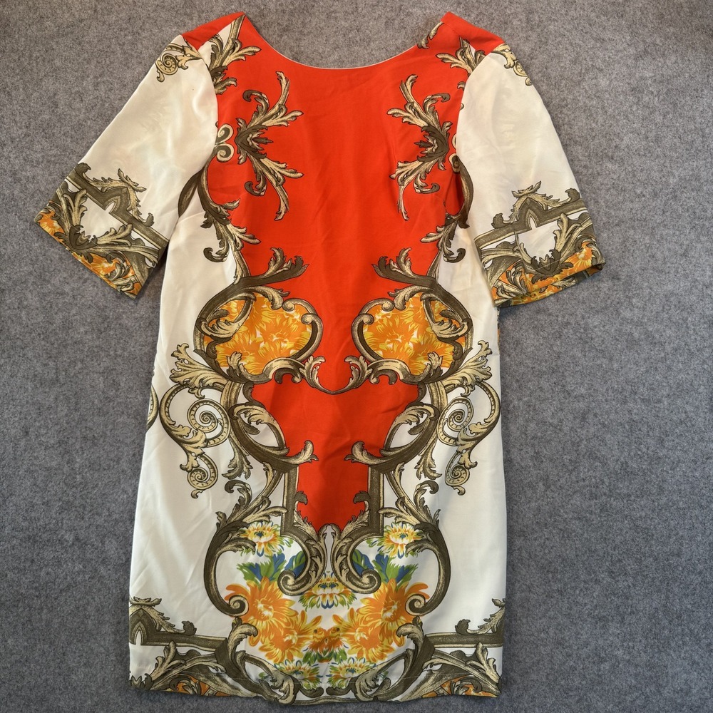Asos Baroque Floral Shift Dress 2 Orange Cream Mirror Print Short Sleeve